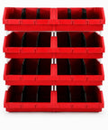 Dang Tough Heavy Duty Stackable Storage Bins In Bold Red With Side Connect Hooks For Garage Workshop Tool Organization Durable Polypropylene Totes stacked with compartments.