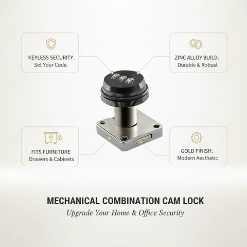 Keyless Mechanical Cam Lock For Drawers Gold Zinc Alloy Cabinet Security With 3 Digit Combination Dial