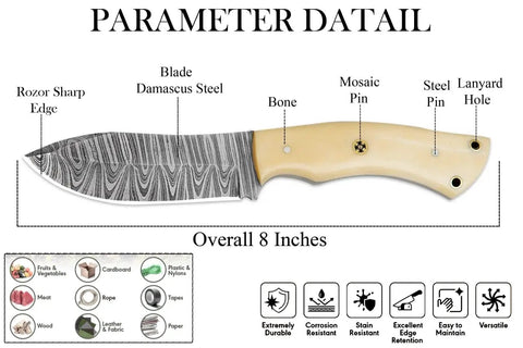 Handmade Damascus Hunting Knife With Cream Bone Handle Fixed Blade Outdoor Utility Tool For Camping And Survival Beefy Full Tang