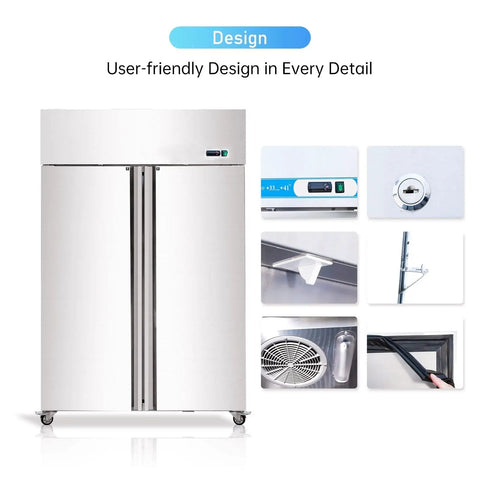 Heavy Duty Commercial Upright Freezer Stainless Steel Two Door Reach In Cooler 36 Cubic Foot Capacity with user-friendly design details.