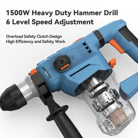 Close-up of Beast Mode Heavy Duty Rotary Hammer Drill 12.5 Amp With One And A Quarter Inch SDS Plus showing speed controls and design.