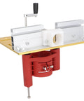 Heavy Duty Aluminum Alloy Router Table Insert Plate With Precision Lift Base And Hand Crank Dial For Dead On Woodworking Cuts Built Tough Flip Top Setup For Power Tools, showing precision lift and hand crank.