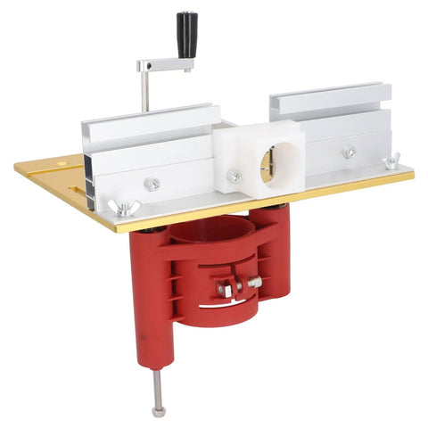 Heavy Duty Aluminum Alloy Router Table Insert Plate With Precision Lift Base And Hand Crank Dial For Dead On Woodworking Cuts Built Tough Flip Top Setup For Power Tools, showing precision lift and hand crank.
