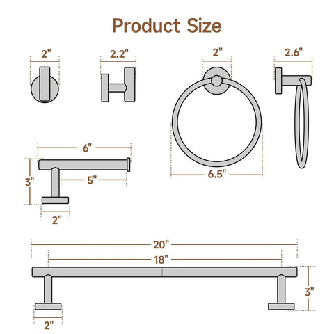 Diagram of Polished Chrome 4-Piece Bathroom Accessories Set With 18-Inch Towel Bar Wall Mount showing dimensions.