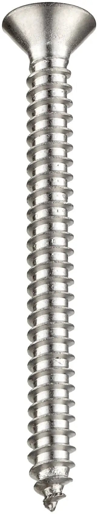 Top Shelf 18 8 Stainless Steel Sheet Metal Screws Flat Head Type AB Point Spanner Drive Number 8 X One And A Half Inch close-up view.