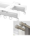 Heavy Duty Aluminum Alloy Curtain Tracks Providing Hella Smooth Tracking Uses Durable Wheeled Gliders Along With Full Mounting Kit with gliders visible.