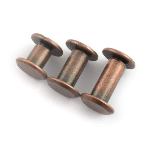 Close-up of three 75 Piece Red Bronze Chicago Bindery Screw Assorted Kit M5 M5x6 M5x10 M5x12 for book binding.