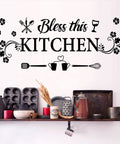 Bless This Kitchen Wall Decor Sticker With Flower Art Removable DIY Vinyl Decal For Dining Room Kitchen Bar Restaurant Home Decor Cute Kitchen Quote Wall Sign For Cozy Vibes on kitchen wall with utensils.