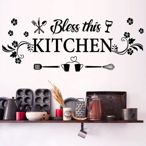 Bless This Kitchen Wall Decor Sticker With Flower Art Removable DIY Vinyl Decal For Dining Room Kitchen Bar Restaurant Home Decor Cute Kitchen Quote Wall Sign For Cozy Vibes on kitchen wall with utensils.