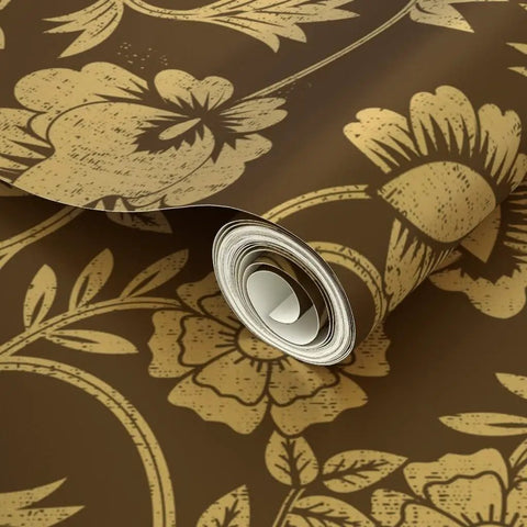 Premium Brown Gold Metallic Wallpaper With Block Print And Textured Finish For Modern Home Decor rolled up showcasing floral design