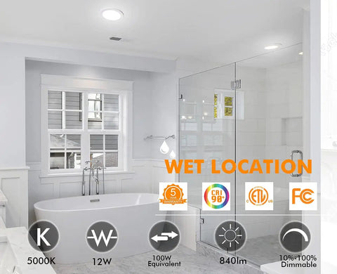 Bathroom with 7.5 Inch LED Ceiling Light with 12W 840lm 5000K Daylight Flush Mount White Finish Wet Location High CRI 90 Plus