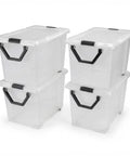 Hella Spacious Thirty Two Gallon Wheeled Storage Totes With Clear Plastic Rolling Bins And Lock Tight Lids For Effortless Moving Loads Smart Garage Makeover And Playroom Stash Setup Four Pack Bundle, stacked clear bins with black handles.