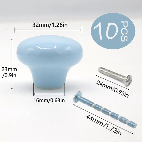 Top Shelf 10 Pack Ceramic Cabinet Knobs And Drawer Pulls In Sweet Sky Blue featuring 32mm rounded glossy ceramic design and screws.
