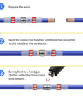 Heavy Duty Solder Seal Wire Connectors 100 Pack Tough As Nails Marine Grade shown in three steps of use for car and boat electrical fix ups.