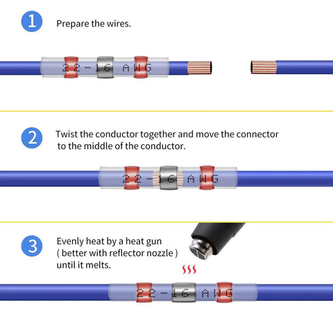 Heavy Duty Solder Seal Wire Connectors 100 Pack Tough As Nails Marine Grade shown in three steps of use for car and boat electrical fix ups.