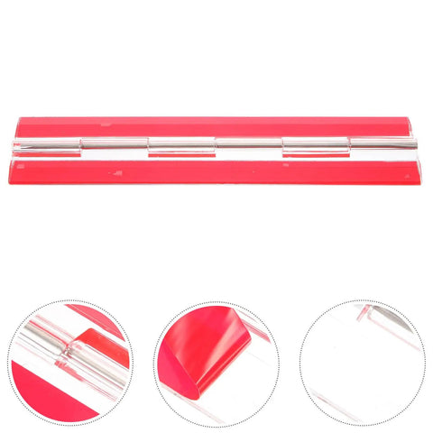 Red self-adhesive acrylic folding hinge for jewelry boxes and cabinets, featuring stainless steel shaft in close-up.