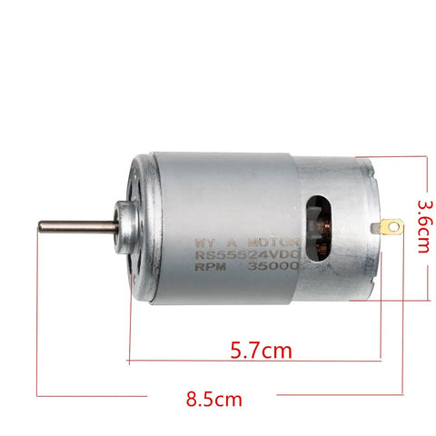 Twin Pack 24V RS555 35000RPM Electric Motors For Power Wheels Upgrade Kit showing dimensions 8.5cm x 5.7cm x 3.6cm