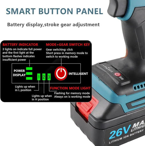 Smart button panel of Heavy Duty Cordless Rivet And Nut Installer Kit featuring 5200 Mah battery module with indicator lights.