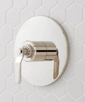 Signature Hardware Gunther 1.8 GPM Pressure Balanced Shower System brushed nickel shower handle on hexagon tile.