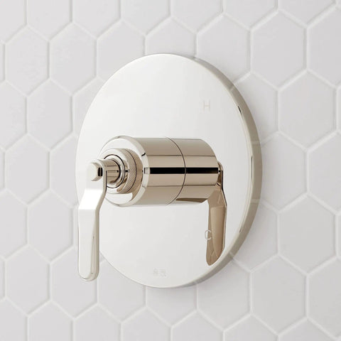 Signature Hardware Gunther 1.8 GPM Pressure Balanced Shower System brushed nickel shower handle on hexagon tile.