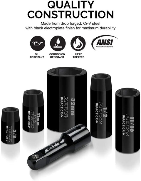 Master Impact Socket Set for Three Eighths Inch and One Half Inch Drives, 38 Piece, SAE and Metric Sizes, black Cr-V steel sockets