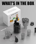 Front view: cold-press slow juicer with 5.8-inch feed chute; includes juice container, pulp filter, two cups.