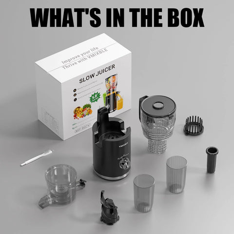 Front view: cold-press slow juicer with 5.8-inch feed chute; includes juice container, pulp filter, two cups.