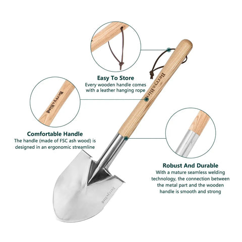 19.8 Inch Round Point Digging Shovel With Wood Handle Stainless Steel Spade Pro Grade With Serrated Edge and ergonomic handle