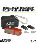 Thermal Imager For Android Devices With 10,800 Pixels, Three Color Palettes, shown with case and USB connectors