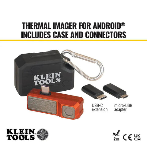 Thermal Imager For Android Devices With 10,800 Pixels, Three Color Palettes, shown with case and USB connectors