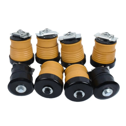 Heavy Duty Body Cab Mount Bushing Kit Direct Swap Replaces 924-320 Drop-In Replacement For Ford F250 F350 F450 F550 Trucks positions one through four, yellow and black rubber bushings.