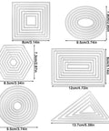 Six Piece Cutting Dies Set For Card Making And Scrapbooking Includes Rectangle Circle Triangle Square Oval And Hexagon Dies, sizes labeled