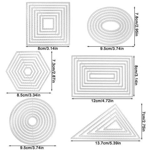 Six Piece Cutting Dies Set For Card Making And Scrapbooking Includes Rectangle Circle Triangle Square Oval And Hexagon Dies, sizes labeled