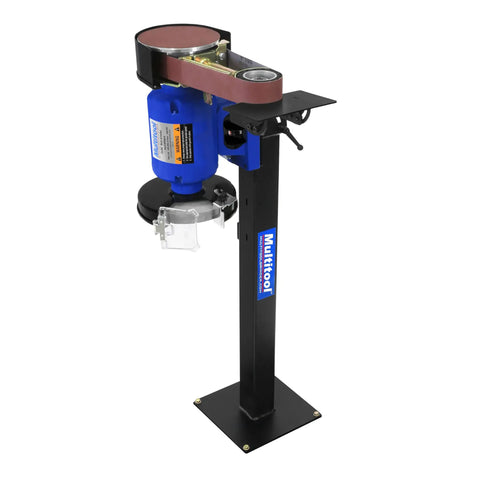 Heavy Duty Industrial Belt Grinder With Kickass 1 Hp Motor And Tilting Stand mounted on a sturdy stand for efficient metal polishing.