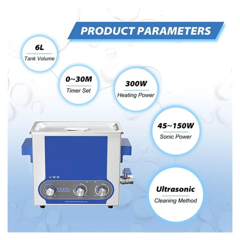Big 6 Liter Ultrasonic Cleaner With Digital Timer And Heat Function For PCBs Jewelry Tools showing product parameters like tank volume, heating power.