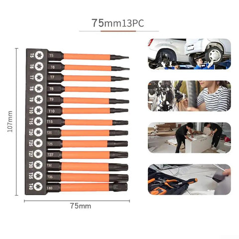Must Have 3 Piece Torx Bit Set For T5 To T40 Impact Drivers With High Strength Alloy Steel And Shock Absorbing Torsion Design For Professional Jobs, 75mm 13pc