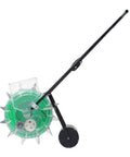 Side view of Rugged Handheld 12 Nozzles Manual Seeder With 5.31 Inch Spacing, iron and plastic build, easy push roller planter.