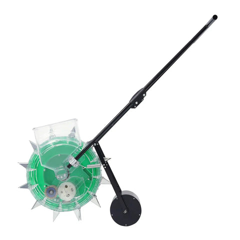 Side view of Rugged Handheld 12 Nozzles Manual Seeder With 5.31 Inch Spacing, iron and plastic build, easy push roller planter.