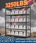 Straight Up Heavy Duty 5 Tier Metal Storage Shelf With Rock Solid Wood Boards And 650 Pound Capacity Badass Garage Rack No Sweat Boltless Design Works Like A Charm displaying weight load on shelves.