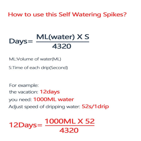 Formula explaining usage of 16 Pack Self Watering Plant Spikes Kit With Adjustable Drip Valve for vacation watering