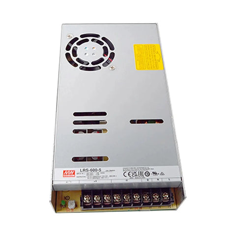 Industrial Workhorse 5V 100A 500W Switching Power Supply 1U Low Profile with metal case and screw terminals for connections.