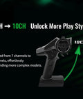 10 Channel RC Transmitter And Receiver Set With 2.4GHz SKY Tech showing a black transmitter with 10 channel upgrade