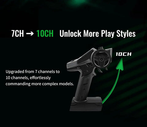 10 Channel RC Transmitter And Receiver Set With 2.4GHz SKY Tech showing a black transmitter with 10 channel upgrade