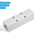 Three Way Five Port Aluminum Air Manifold Inline Block Splitter For Pneumatic Hoses in silver showing G1/2 threaded end