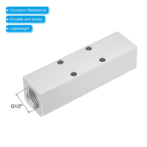 Three Way Five Port Aluminum Air Manifold Inline Block Splitter For Pneumatic Hoses in silver showing G1/2 threaded end