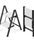 Foldable Two Step Ladder With 330 Pound Capacity Anti Slip Feet Sturdy Alloy Construction Compact Step Stool For Home Kitchen Closet Use Black And White, folded and open view