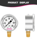 Front and side view of Glycerin Filled Pressure Gauge 0-60 PSI, 2 Inch Dial, 304 Stainless Steel Case, 1/4 Inch NPT Lower Mount