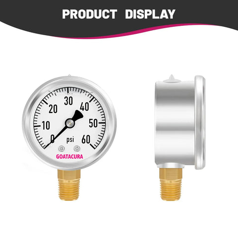 Front and side view of Glycerin Filled Pressure Gauge 0-60 PSI, 2 Inch Dial, 304 Stainless Steel Case, 1/4 Inch NPT Lower Mount