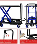 Heavy Duty Hydraulic Scissor Lift Table Cart 500 Pound Capacity Mobile Platform Trolley With Locking Casters side view showing lift mechanism.