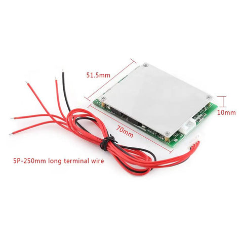 Close-up of 12V 100A 4S LiFePO4 Battery BMS Protection Board with wires showing 5P-250mm terminal connection.